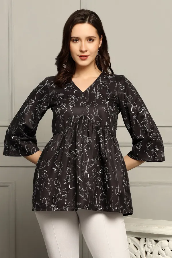 Black_Micro_Floral_Printed_Empire_Waist_Top_For_Women