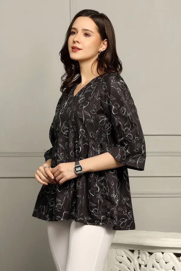 Black_Micro_Floral_Printed_Empire_Waist_Top_For_Women