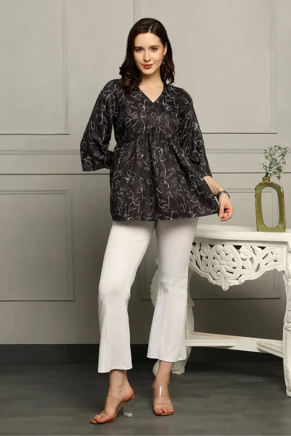 Black_Micro_Floral_Printed_Empire_Waist_Top_For_Women