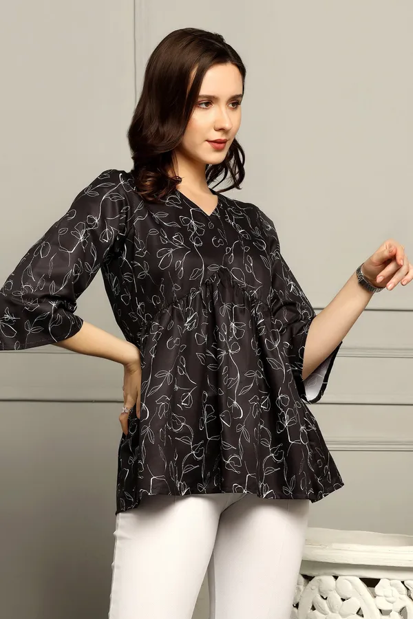Black_Micro_Floral_Printed_Empire_Waist_Top_For_Women