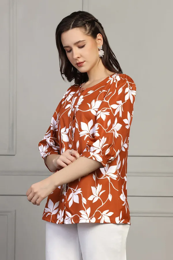 Rust_Micro_All-Over_Floral_Printed_Casual_Top_For_Women