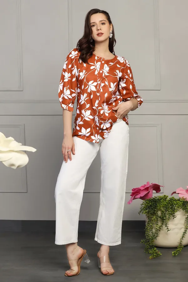 Rust_Micro_All-Over_Floral_Printed_Casual_Top_For_Women