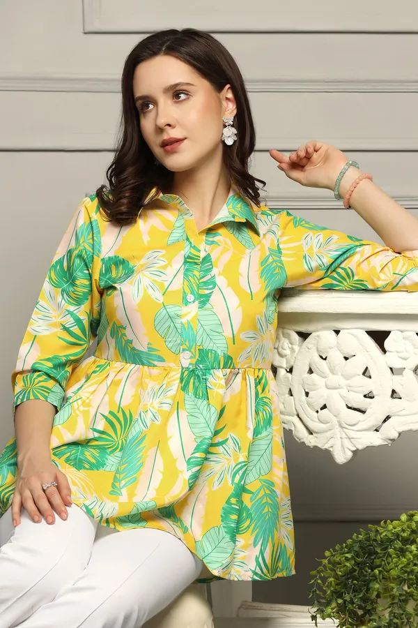 Yellow_Micro_Botanical_Printed_A-Line_Top_For_Women