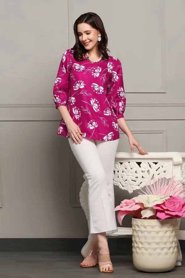 Magenta_Micro_Floral_Printed_Casual_Top_For_Women