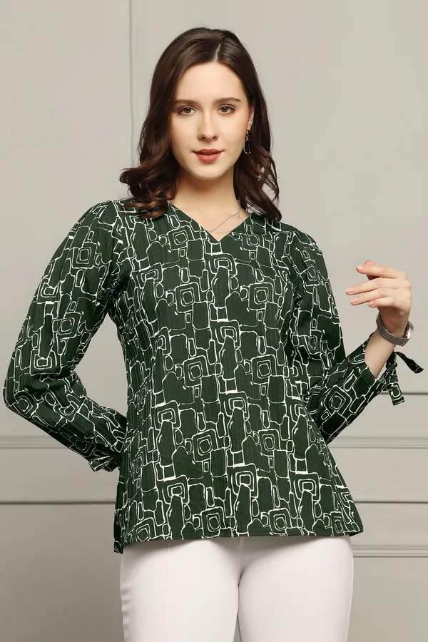 Bottle_Green_Cotton_Blend_Abstract_Printed_Regular_Style_Hip_Length_Top_For_Women
