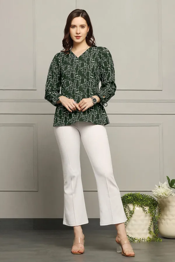 Bottle_Green_Cotton_Blend_Abstract_Printed_Regular_Style_Hip_Length_Top_For_Women