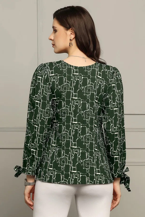 Bottle_Green_Cotton_Blend_Abstract_Printed_Regular_Style_Hip_Length_Top_For_Women