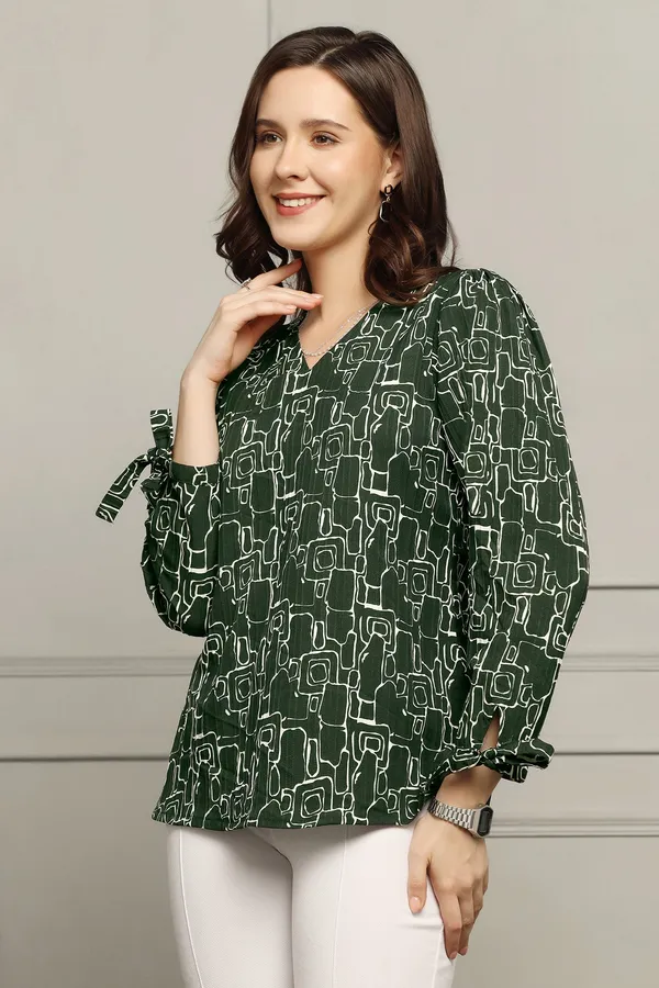 Bottle_Green_Cotton_Blend_Abstract_Printed_Regular_Style_Hip_Length_Top_For_Women