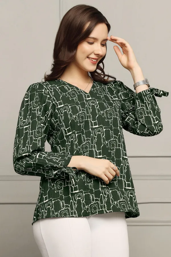 Bottle_Green_Cotton_Blend_Abstract_Printed_Regular_Style_Hip_Length_Top_For_Women