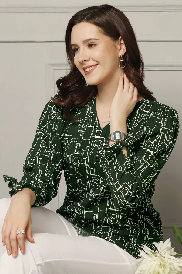 Bottle_Green_Cotton_Blend_Abstract_Printed_Regular_Style_Hip_Length_Top_For_Women