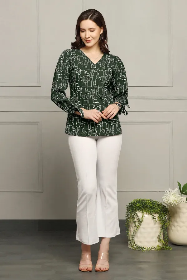 Bottle_Green_Cotton_Blend_Abstract_Printed_Regular_Style_Hip_Length_Top_For_Women