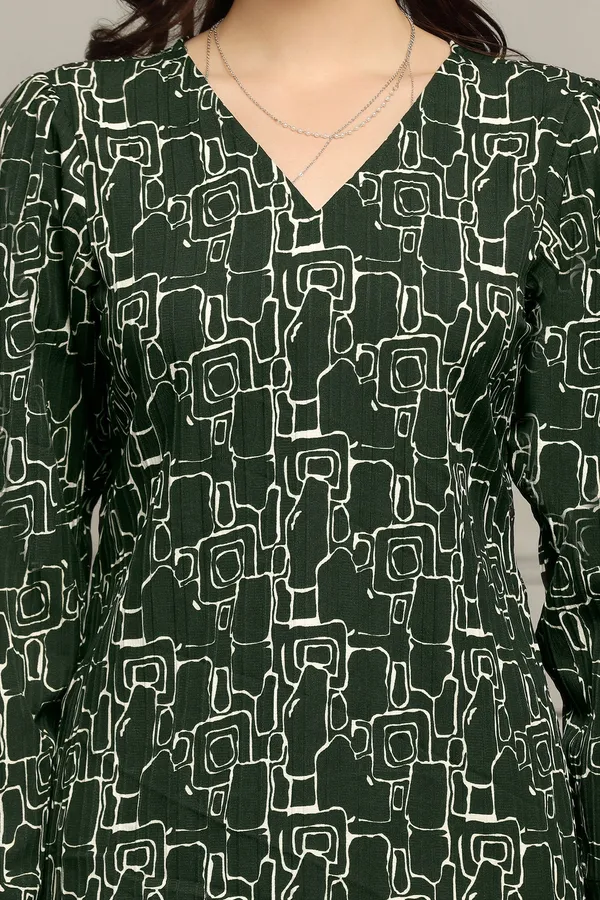 Bottle_Green_Cotton_Blend_Abstract_Printed_Regular_Style_Hip_Length_Top_For_Women