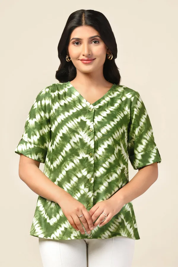 Green_Slub_Tie_&_Dye_Printed_Casual_Hip_Length_Top_For_Women