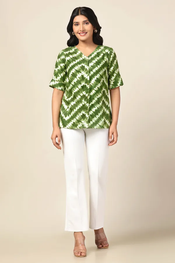 Green_Slub_Tie_&_Dye_Printed_Casual_Hip_Length_Top_For_Women
