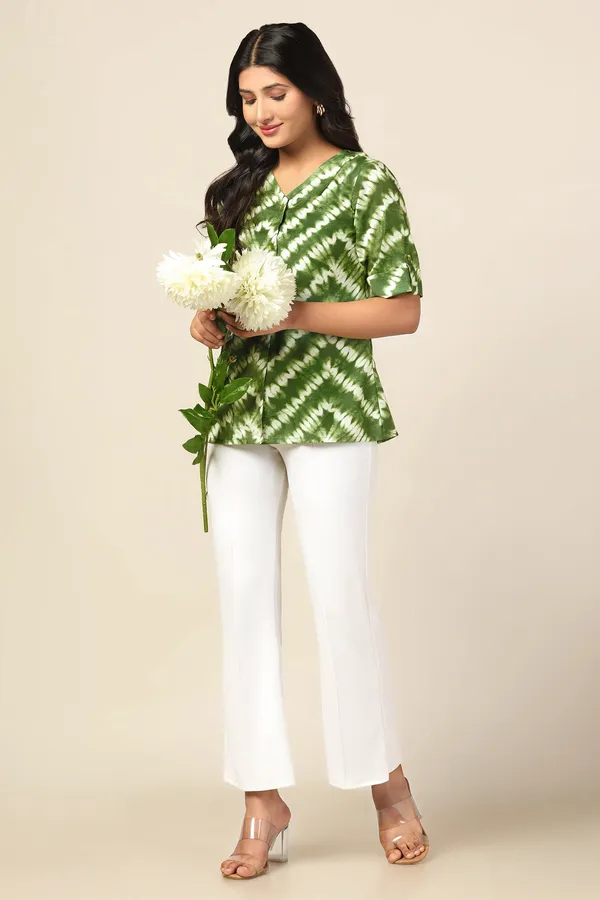 Green_Slub_Tie_&_Dye_Printed_Casual_Hip_Length_Top_For_Women