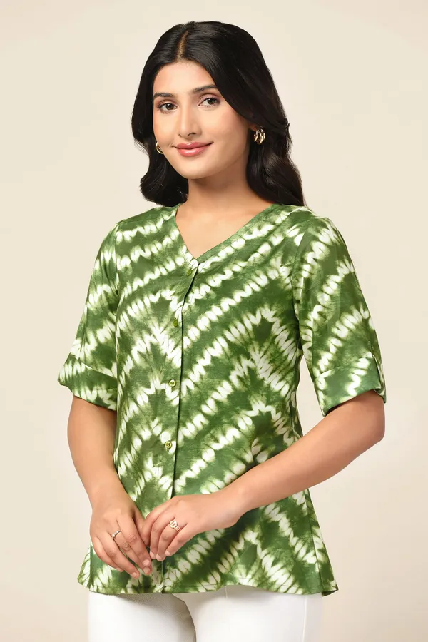 Green_Slub_Tie_&_Dye_Printed_Casual_Hip_Length_Top_For_Women