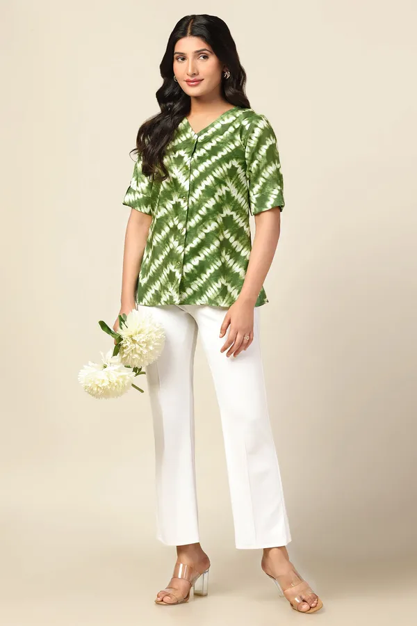 Green_Slub_Tie_&_Dye_Printed_Casual_Hip_Length_Top_For_Women