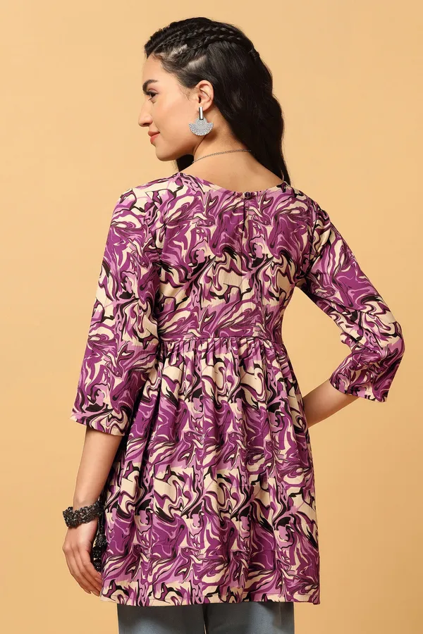 Purple_Abstract_Print_Peplum_Style_Tunic_Top_For_Women