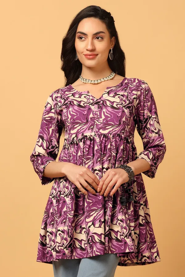 Purple_Abstract_Print_Peplum_Style_Tunic_Top_For_Women