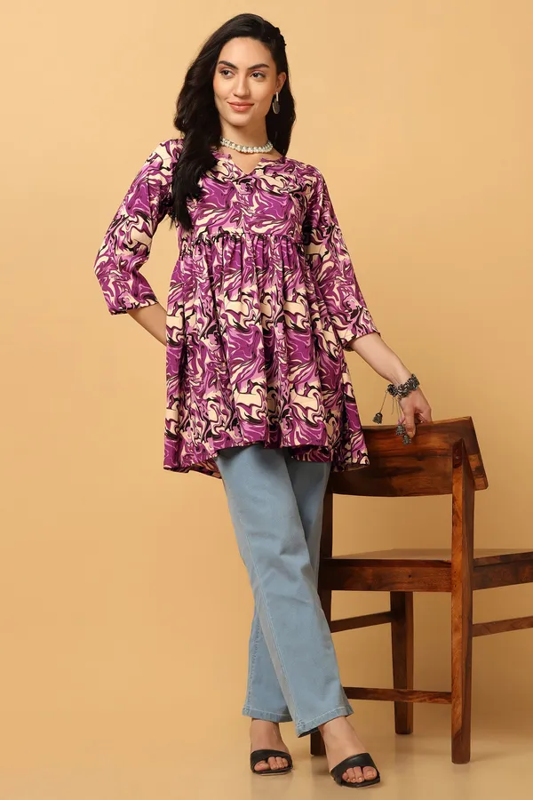 Purple_Abstract_Print_Peplum_Style_Tunic_Top_For_Women
