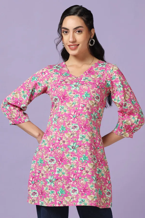 Pink_Floral_Print_Straight_Style_Tunic_Top_For_Women