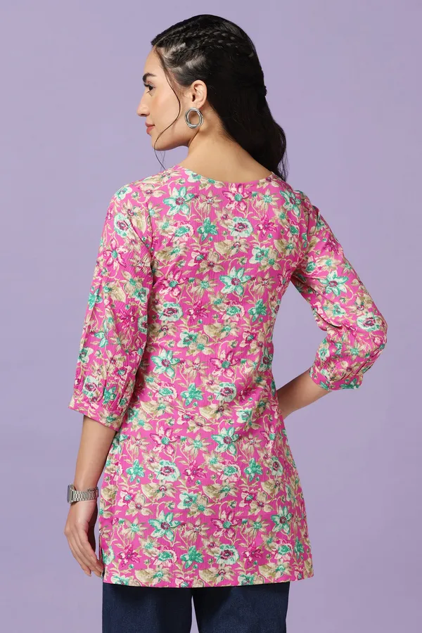 Pink_Floral_Print_Straight_Style_Tunic_Top_For_Women