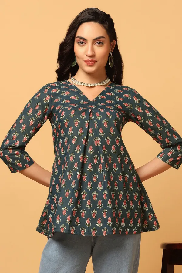 Bottle_Green_Paisley_Print_Flared_Style_Tunic_Top_For_Women