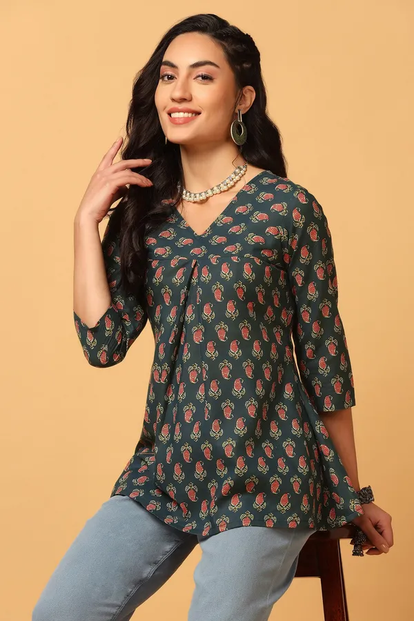 Bottle_Green_Paisley_Print_Flared_Style_Tunic_Top_For_Women