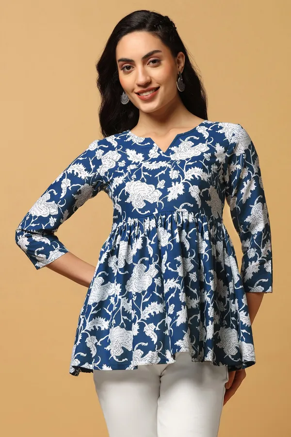 Blue_Floral_Print_Peplum_Style_Tunic_Top_For_Women