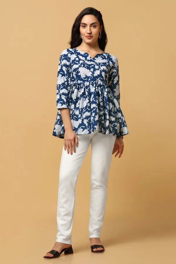 Blue_Floral_Print_Peplum_Style_Tunic_Top_For_Women