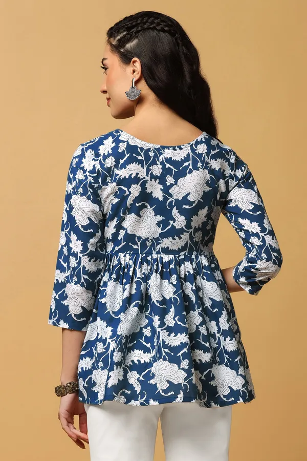 Blue_Floral_Print_Peplum_Style_Tunic_Top_For_Women