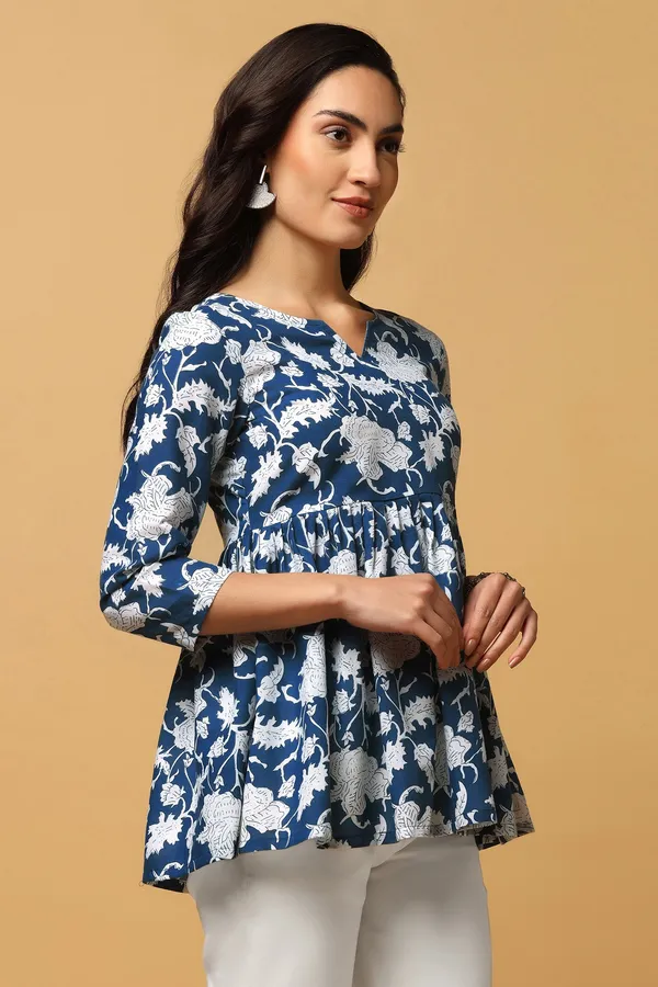 Blue_Floral_Print_Peplum_Style_Tunic_Top_For_Women