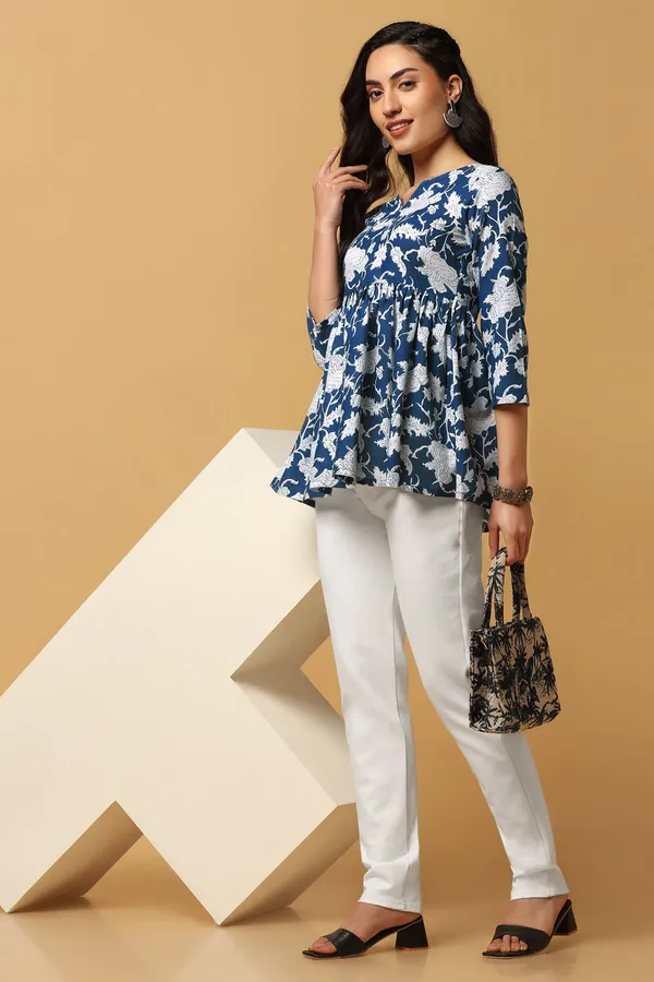 Blue_Floral_Print_Peplum_Style_Tunic_Top_For_Women