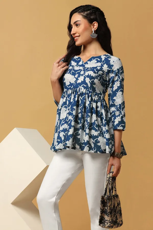 Blue_Floral_Print_Peplum_Style_Tunic_Top_For_Women