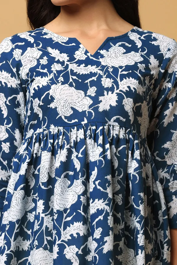 Blue_Floral_Print_Peplum_Style_Tunic_Top_For_Women