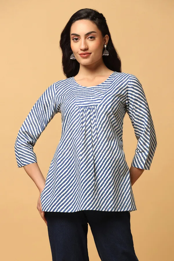 Blue_Cotton_Stripe_Print_Tunic_Top_For_Women