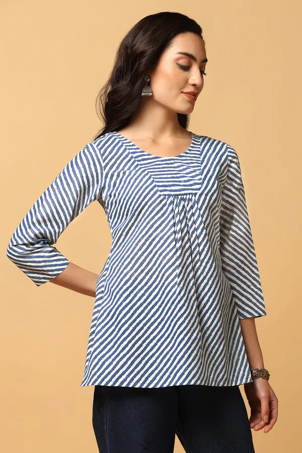 Blue_Cotton_Stripe_Print_Tunic_Top_For_Women