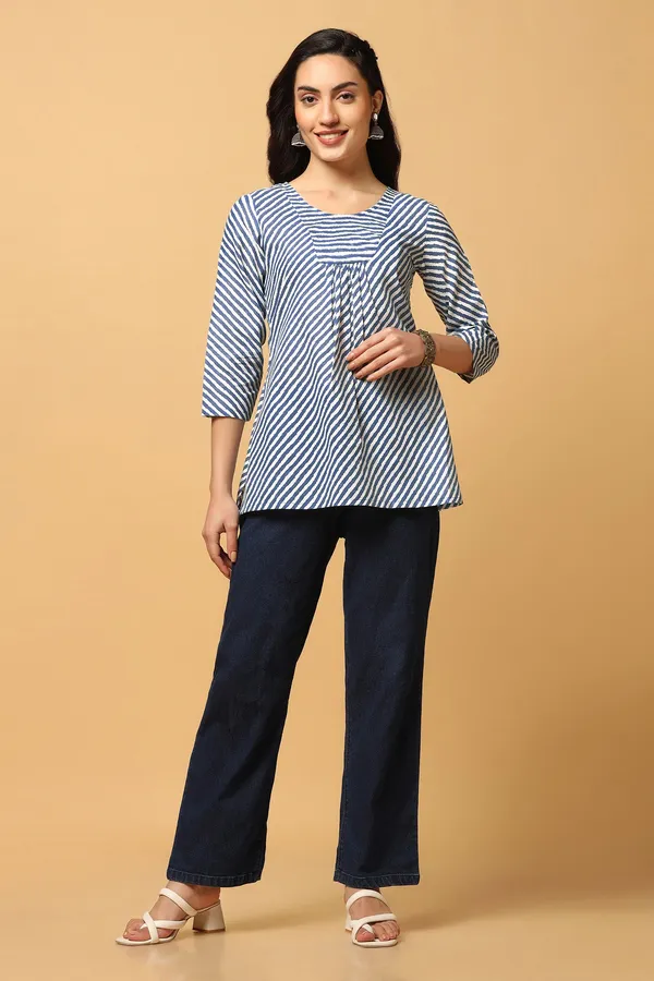 Blue_Cotton_Stripe_Print_Tunic_Top_For_Women