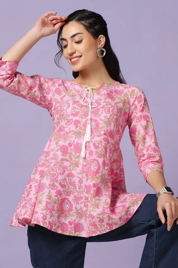 Light_Pink_Cotton_Floral_Print_Tunic_Top_For_Women