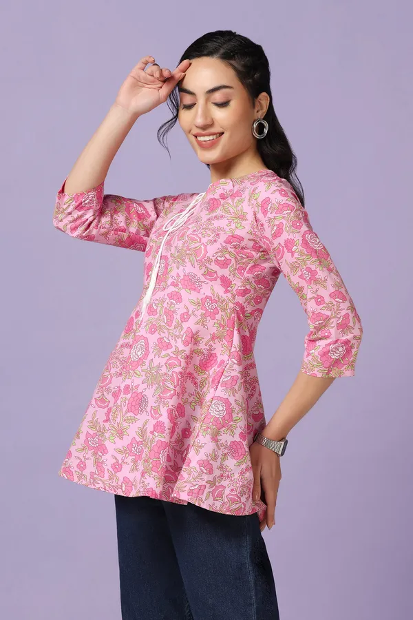 Light_Pink_Cotton_Floral_Print_Tunic_Top_For_Women