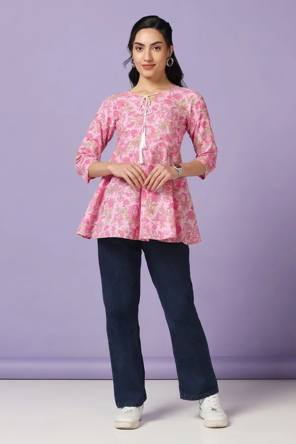 Light_Pink_Cotton_Floral_Print_Tunic_Top_For_Women