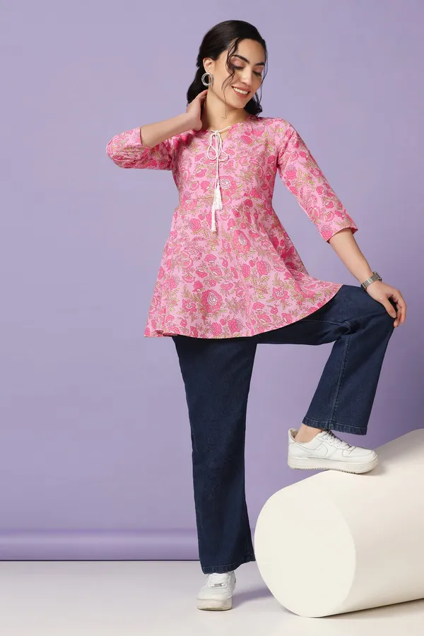 Light_Pink_Cotton_Floral_Print_Tunic_Top_For_Women
