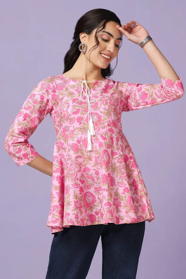 Light_Pink_Cotton_Floral_Print_Tunic_Top_For_Women