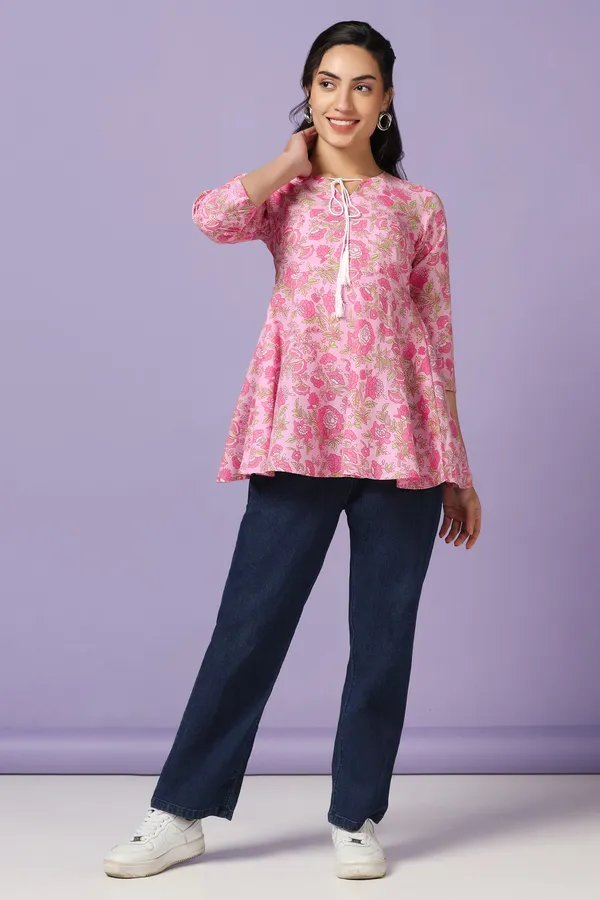 Light_Pink_Cotton_Floral_Print_Tunic_Top_For_Women