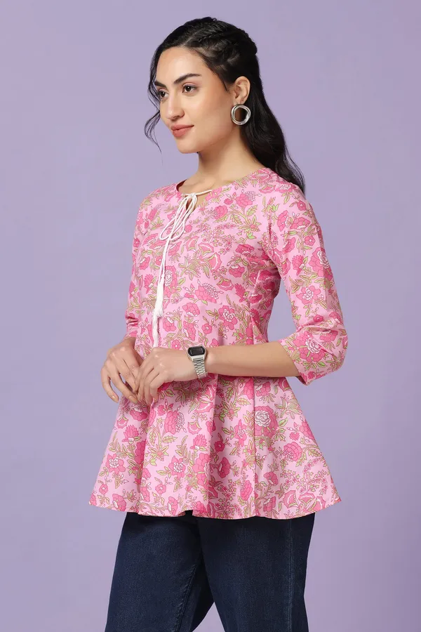 Light_Pink_Cotton_Floral_Print_Tunic_Top_For_Women