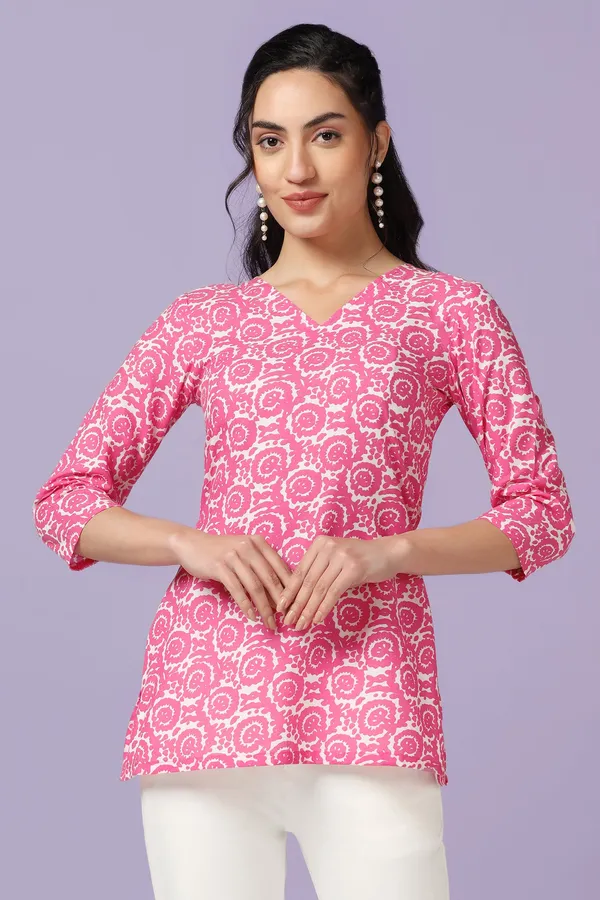 Pink_All_Over_Print_Straight_Tunic_Top_For_Women