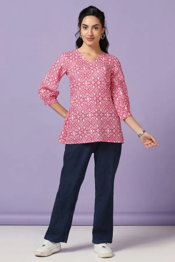 Pink_All_Over_Print_Straight_Tunic_Top_For_Women