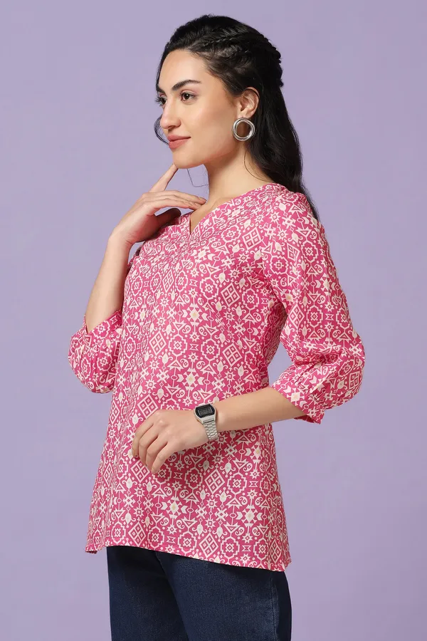 Pink_All_Over_Print_Straight_Tunic_Top_For_Women