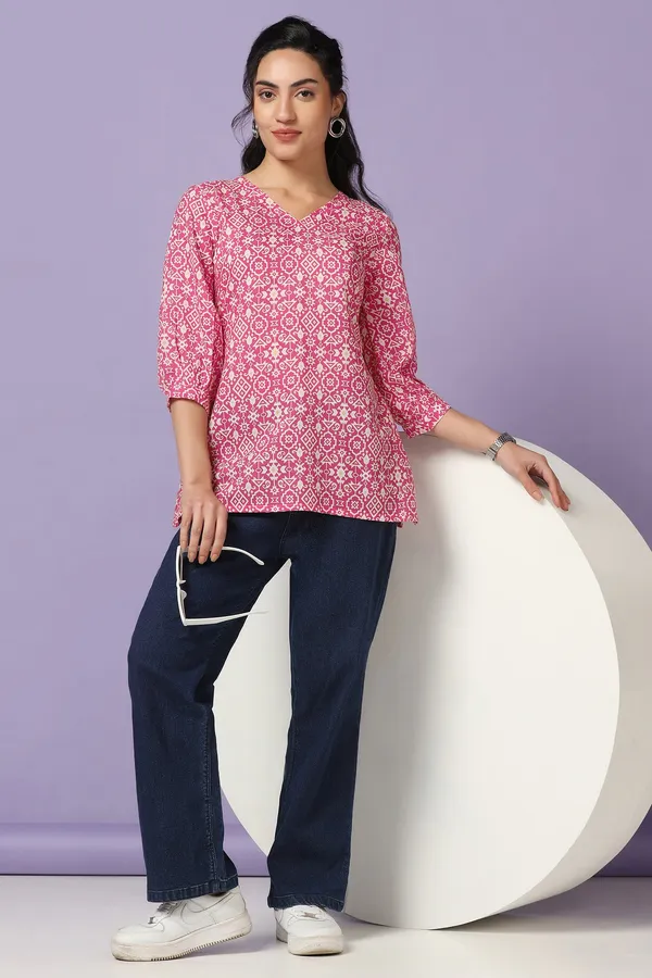 Pink_All_Over_Print_Straight_Tunic_Top_For_Women