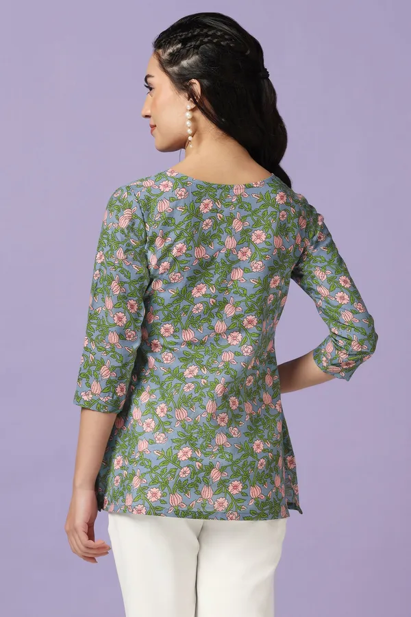 Blue_Floral_Print_Tunic_Top_For_Women